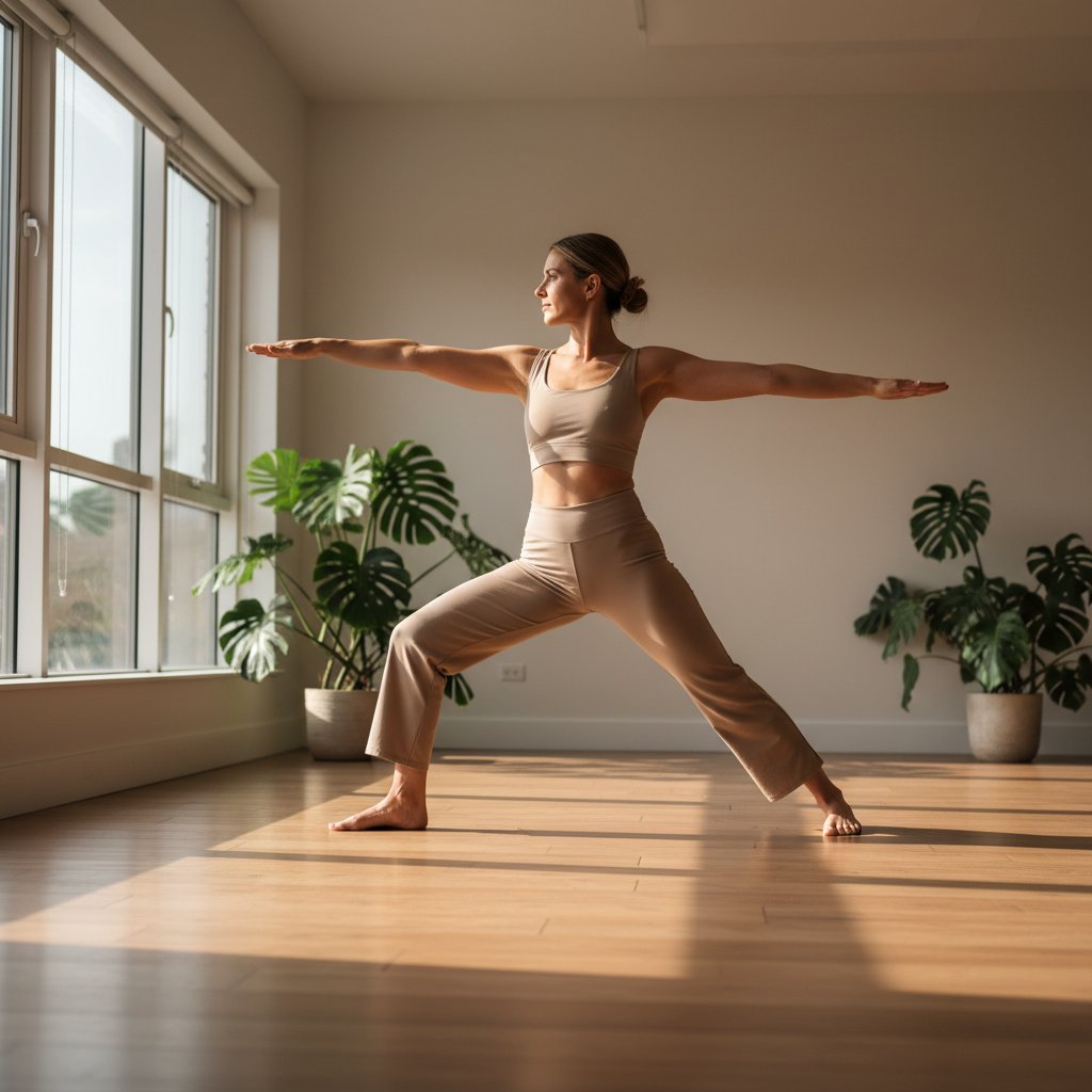 Person practicing yoga poses with proper alignment and form